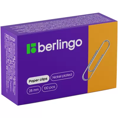 Скрепки BERLINGO 28мм 100шт. никелированные, картонная упаковка