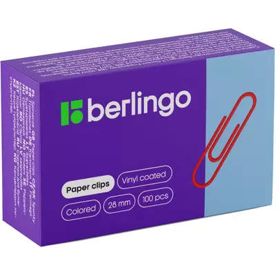 Скрепки BERLINGO 28мм 100шт. винилованные, картонная упаковка