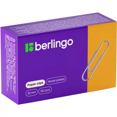 Скрепки BERLINGO 32мм 100шт. никелированные, картонная упаковка