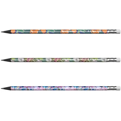 Пластиковый чернографитный трехгранный карандаш с ластиком ErichKrause® Flower HB (в тубусе по 42 шт