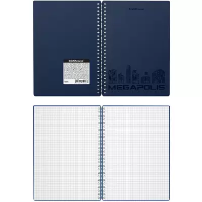 Тетрадь общая с пластиковой обложкой на спирали ErichKrause MEGAPOLIS®, синий, А5, 80 листов, клетка