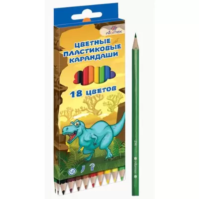 Карандаши цветные 18цв. ATTOMEX.Dino World пластиковые, заточенные, картонная коробка