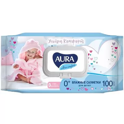 Салфетки влажные для детей AURA Ultra comfort 100шт. с крышкой