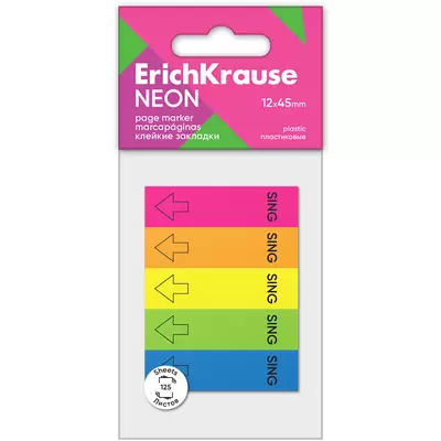 Закладки клейкие ERICH KRAUSE Neon 45х12мм 5цв. 125л., пластиковые