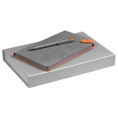 Набор подарочный CORNER блокнот иск.кожа+ручка серый с оранжевым, в коробке