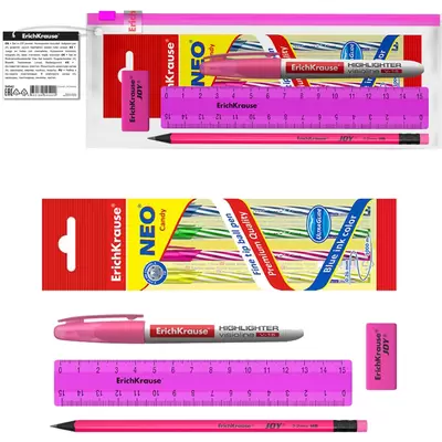 Набор канцелярский ERICH KRAUSE Neon Solid в zip-пакете 8 предметов, розовый