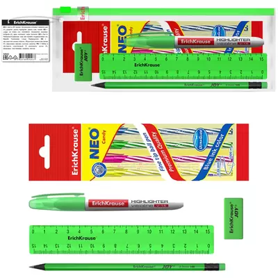 Набор канцелярский ERICH KRAUSE Neon Solid в zip-пакете 8 предметов, зеленый